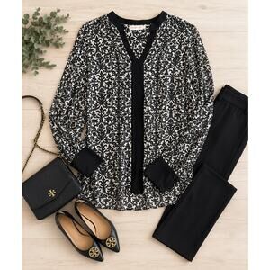 Tory Burch Black White Damask Tunic Blouse Sz 14 Silk Blend Luxe Career Chic